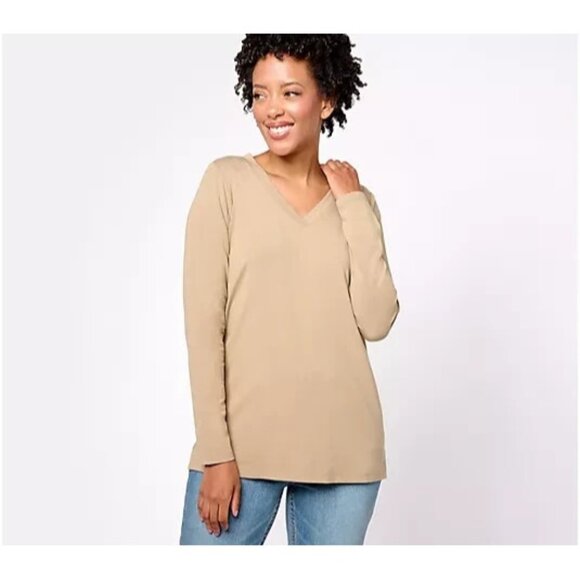 Belle by Kim Gravel Primabelle Knit Long Sleeve V-Neck Top Taupe 1X A609936 - Picture 1 of 1